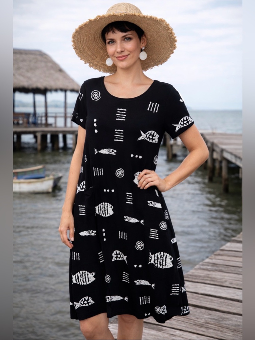 M. Mac Rock Fish Black Cotton Knit Midi Dress w/ Pockets Size L VTG Art to wear